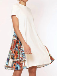 Gracia - Short Sleeve Dress With Side Zipper Print Pleats