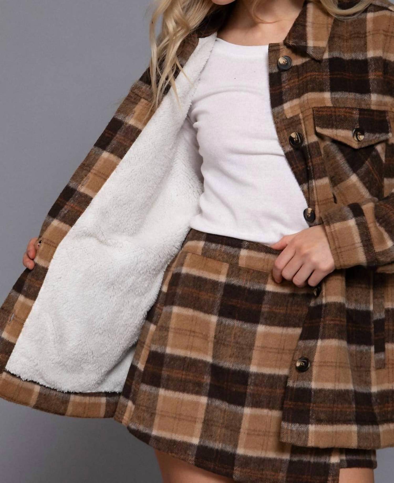 42Pops - Faux Fur Brushed Plaid Jacket