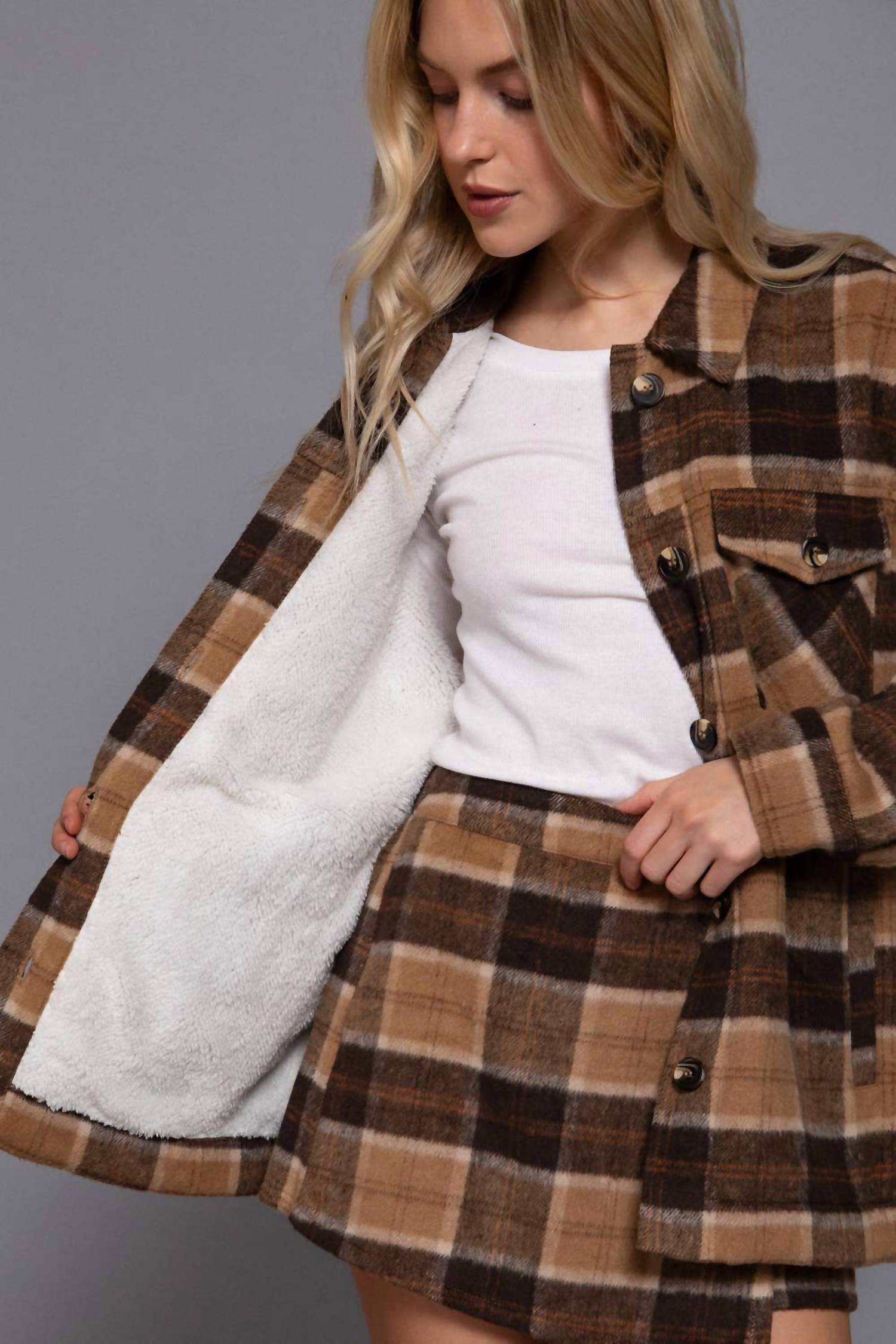 42Pops - Faux Fur Brushed Plaid Jacket