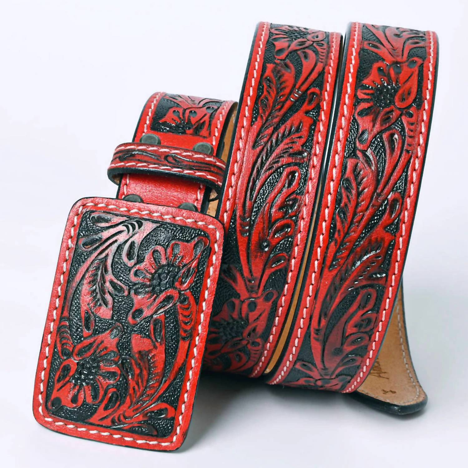 American Darling Women's Tooled Leather Western Belt in red - women's accessory - detail view