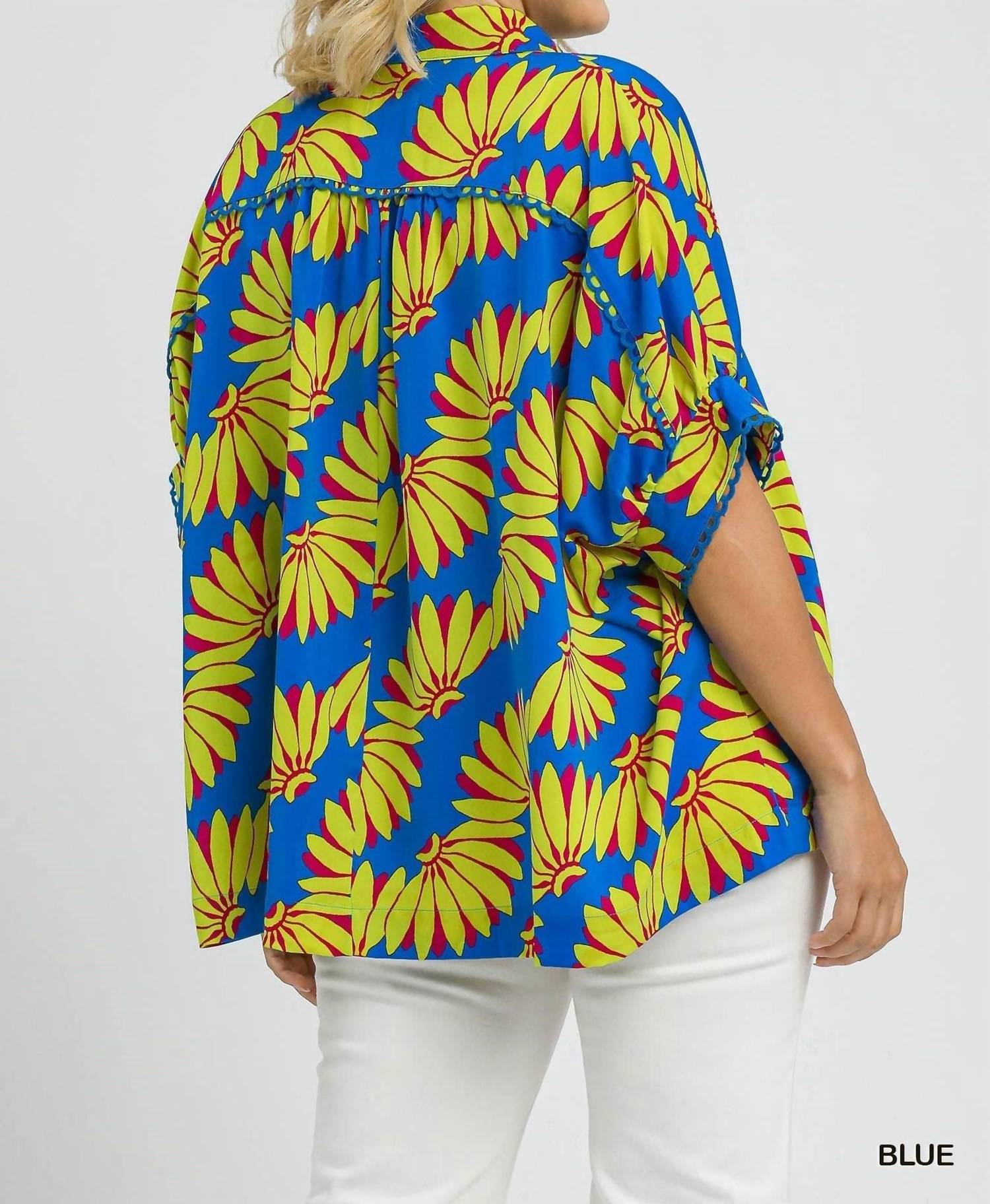 umgee Tropical Print Button Top - Plus Size in blue - women's blouse - detail view