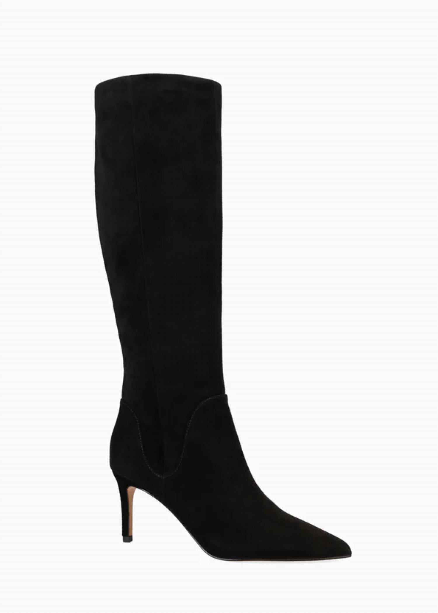 PELLE MODA Women's Lidya Heeled Tall Boots in black suede - women's shoe - detail view