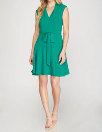 SHE + SKY Sleeveless V Neck Fit And Flare Dress in emerald - women's dress