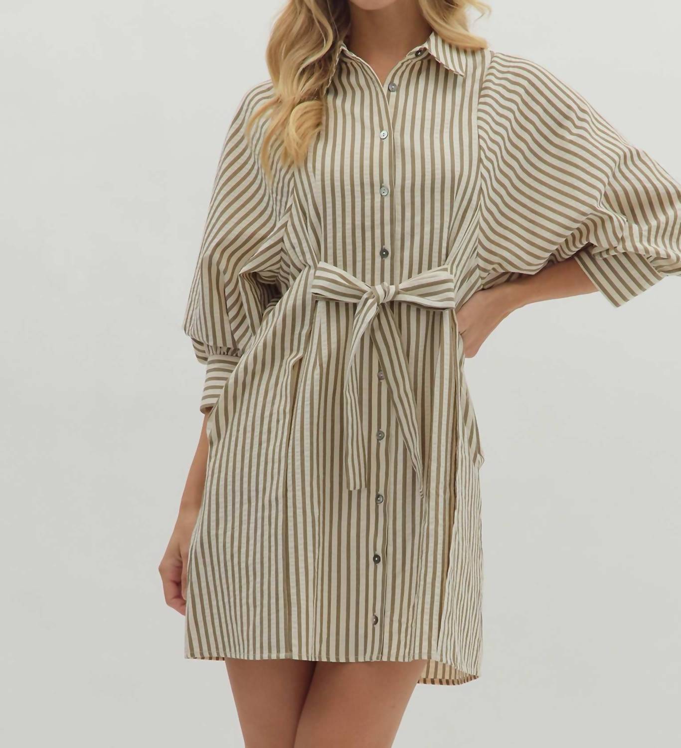 entro Striped Bow Tie Mini Shirt Dress in olive - women's dress - detail view