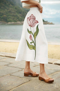 Farm Rio - Flower Embroidered Midi Skirt