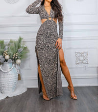 Surelymine - Zebra Stripes Cut-Out With Side Slits Sweater Dress