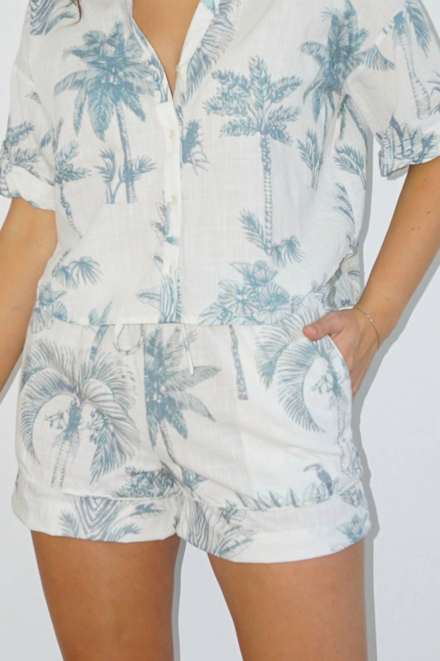 NIBI MTK Polly Cotton Slub Short in faded teal palms - women's shorts