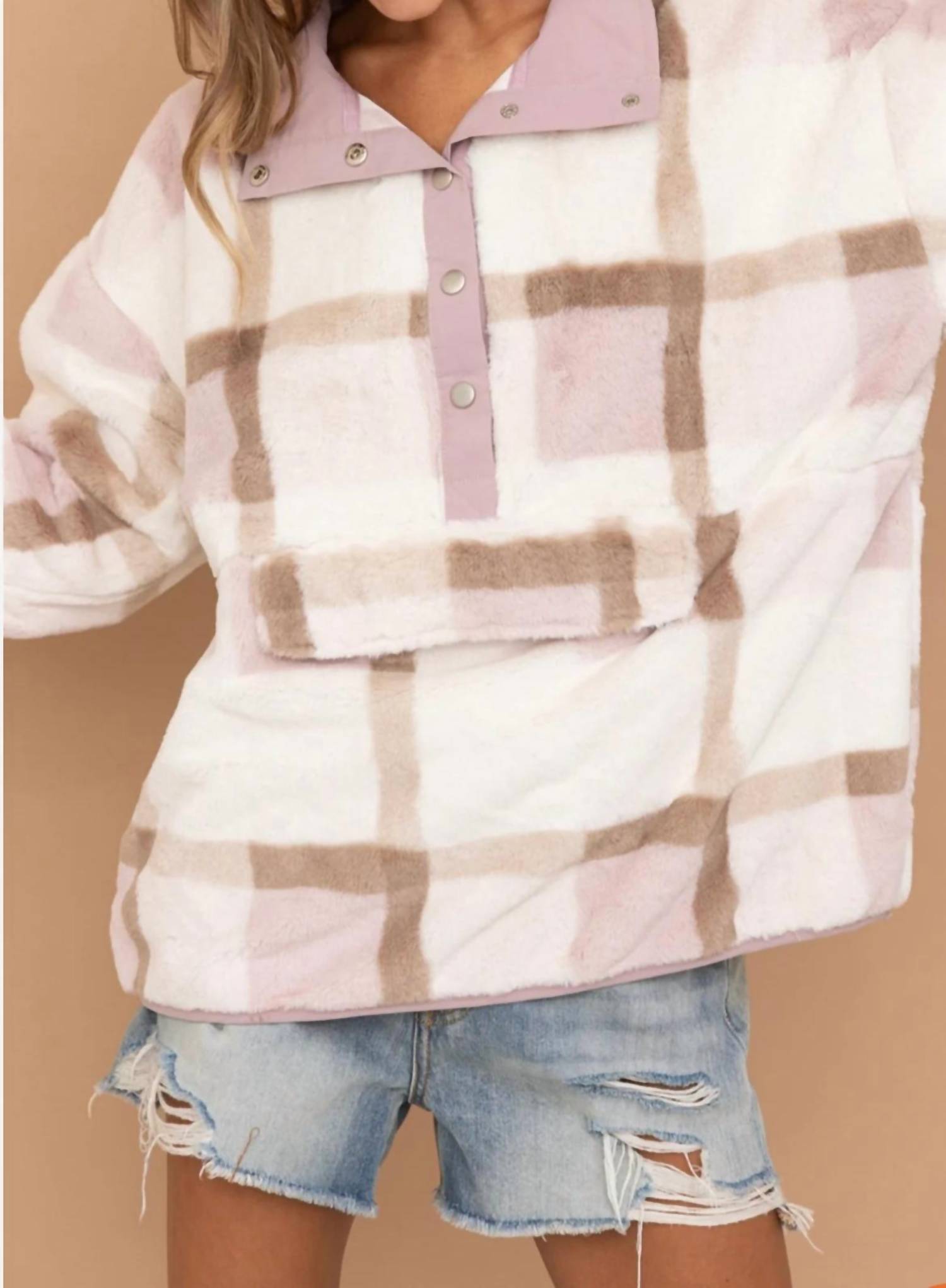 Blue B Soft Fur Plaid Button Up Pocket Front Pullover in beige - women's sweater - view 4