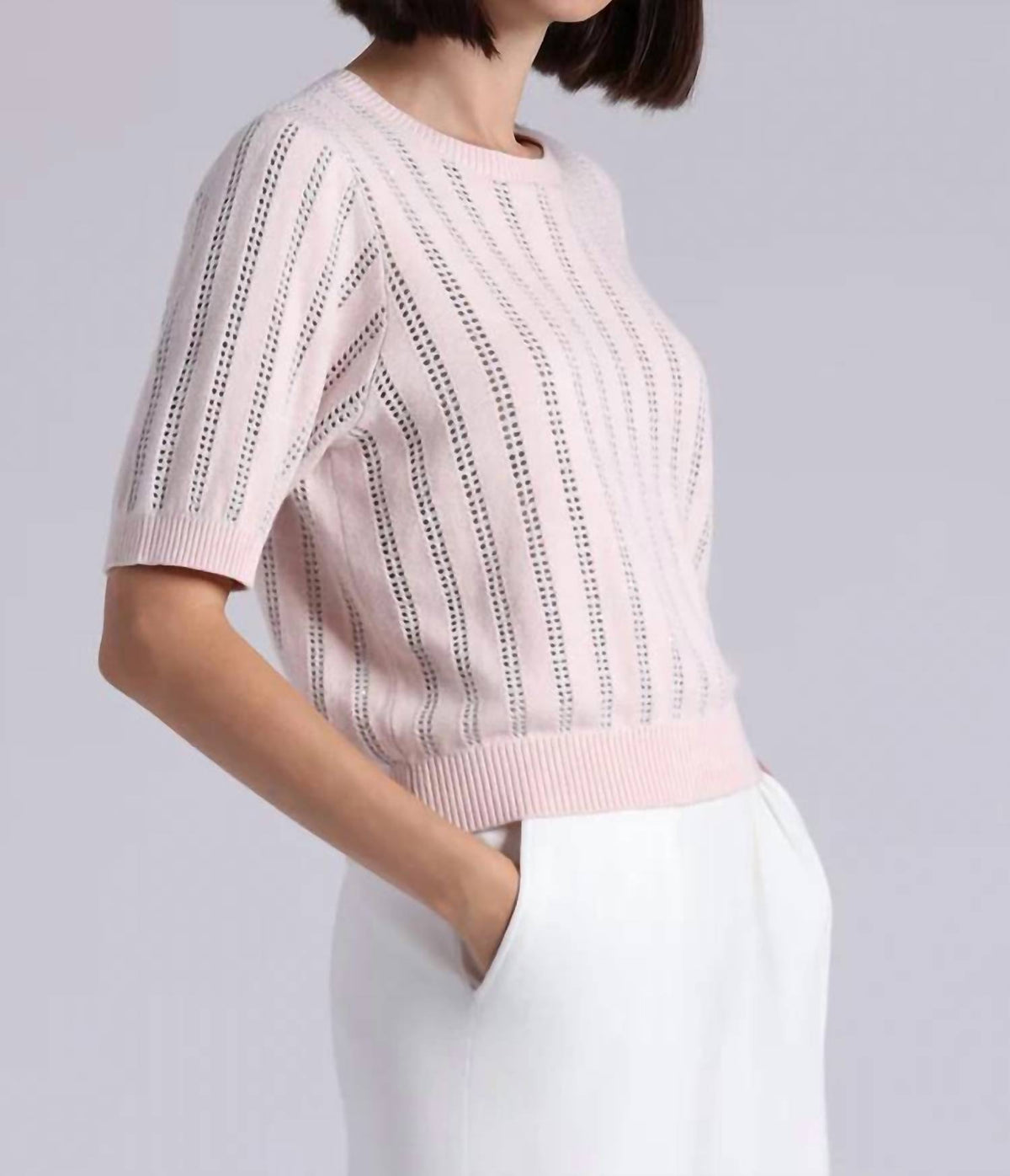 Minnie Rose - Sparkle Cotton Cashmere Short Sleeve Crew Top With Pointelle