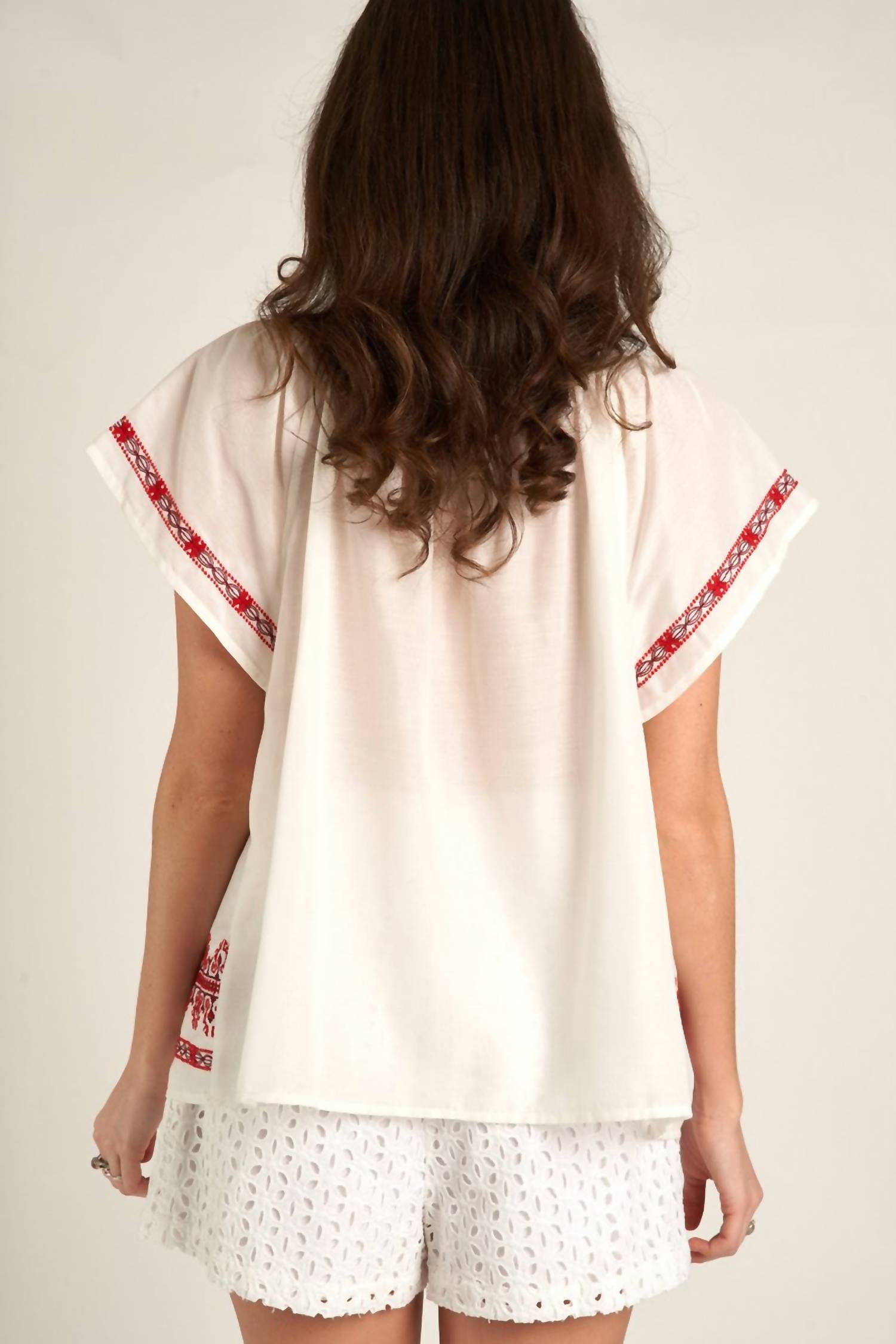 EN CREME Playful Embroidered Tassel Top in white redd - women's blouse - detail view