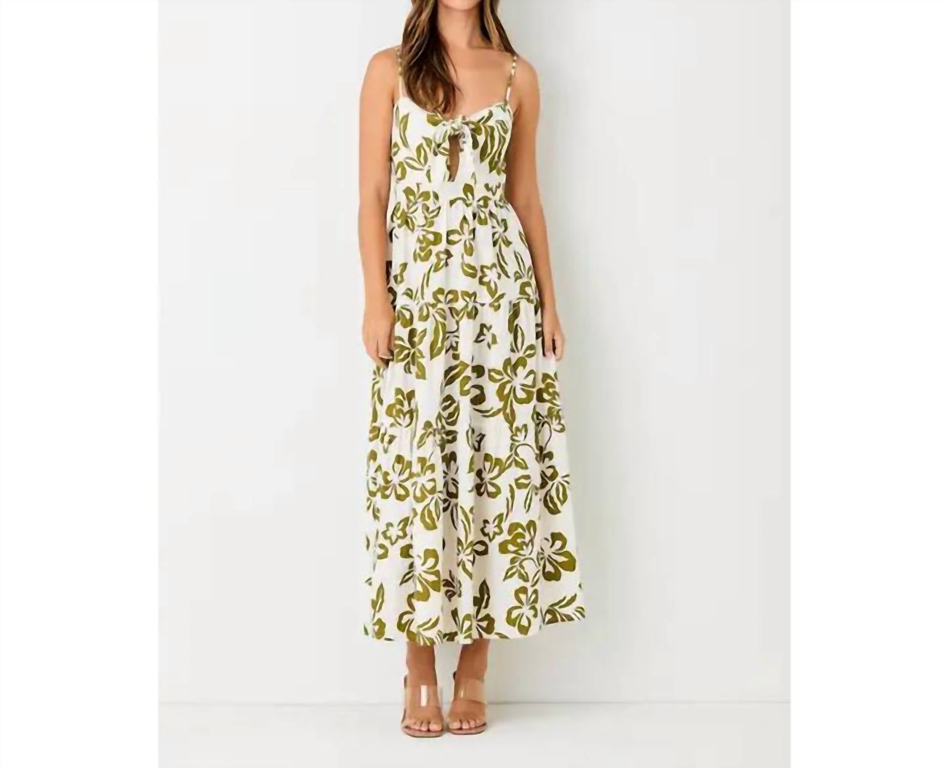 Baevely by Wellmade Linen Woven Maxi Dress in green cream - women's dress