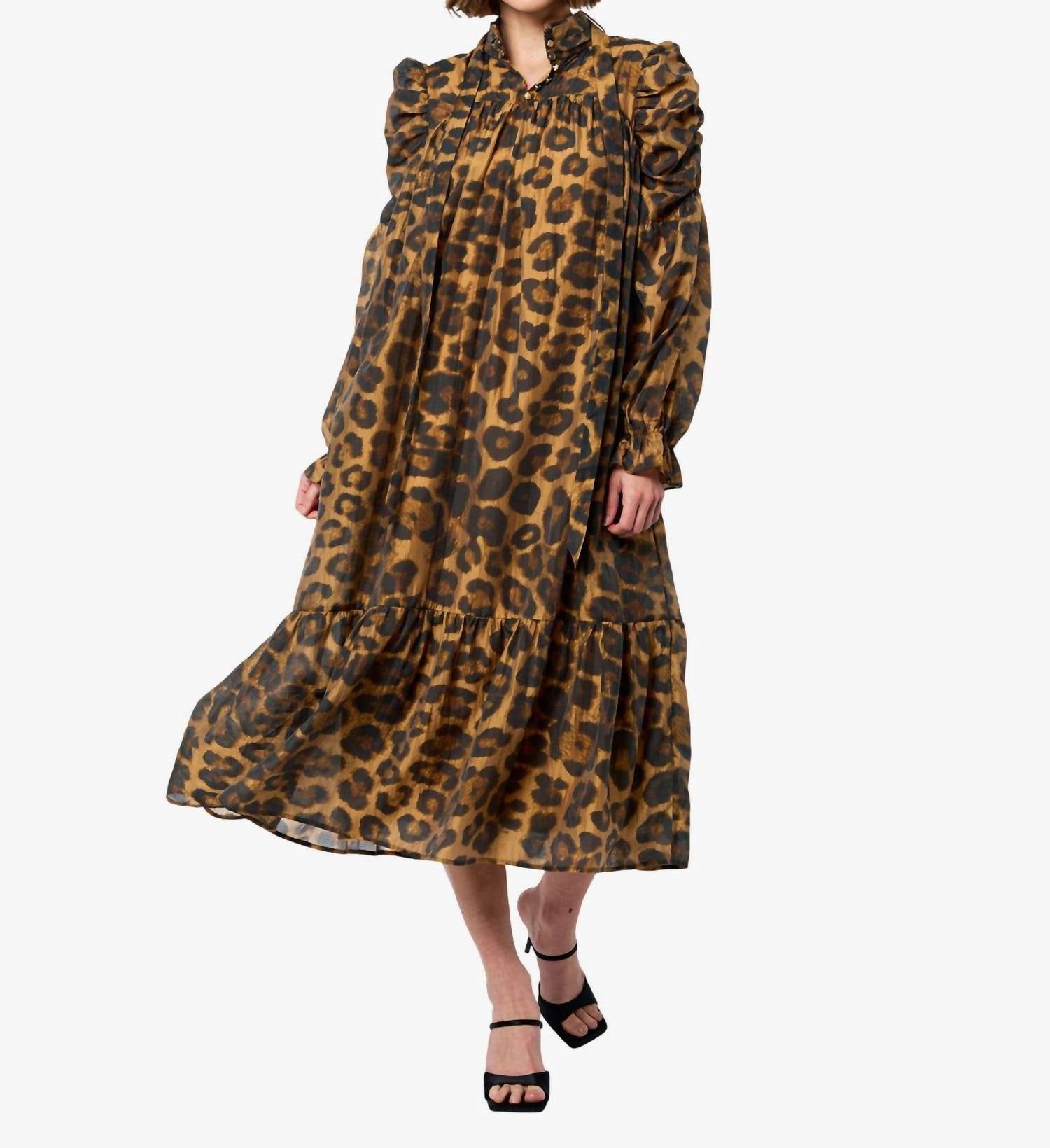 Ciebon - Daphne Ruched Sleeve Animal Print Midi Dress