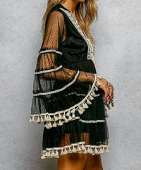 Pol - Split Embroidery Tassel Detail V-Neck Flared Short Dress