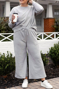 Double Take - Full Size Textured Long Sleeve Top And Drawstring Pants Set