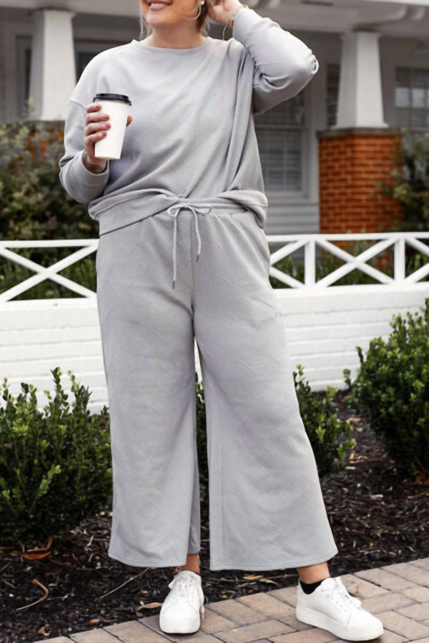 Double Take - Full Size Textured Long Sleeve Top And Drawstring Pants Set