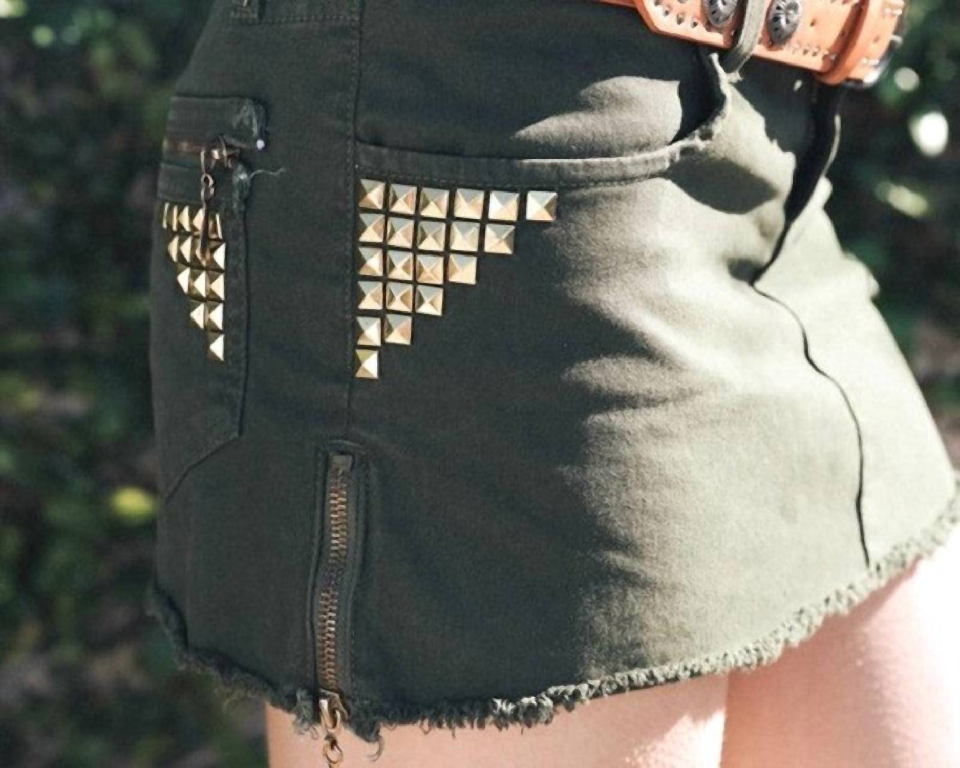 LETO Concho Studded Vegan Leather Western Belt in camel brown - women's accessory - detail view
