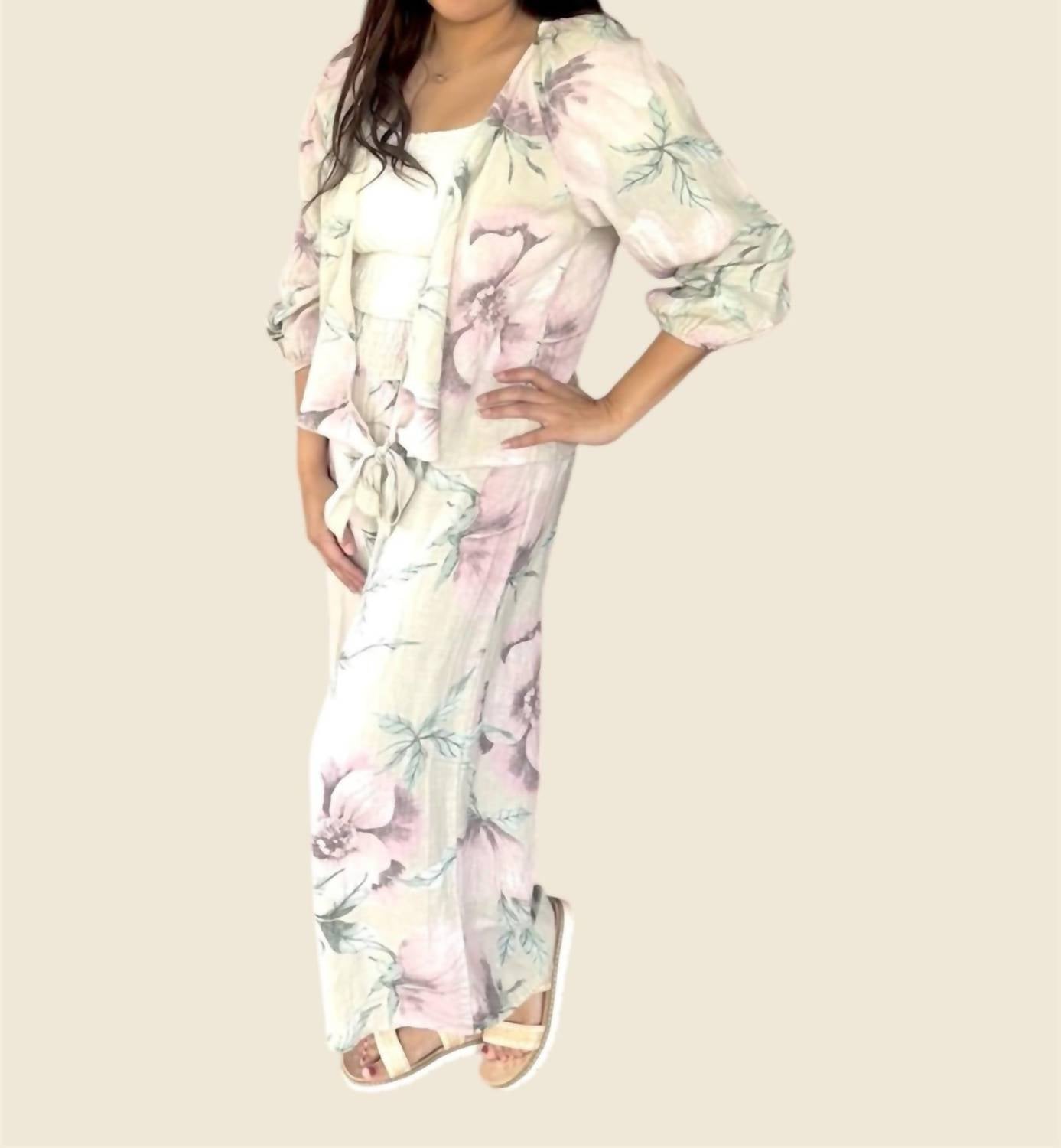 TEMPO PARIS Printed Wide Leg Pant in beige - women's pants - detail view