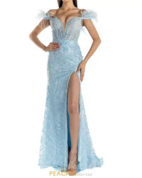 Sherri Hill Sequin Lace Feather Sleeve Dress in light blue - women's dress
