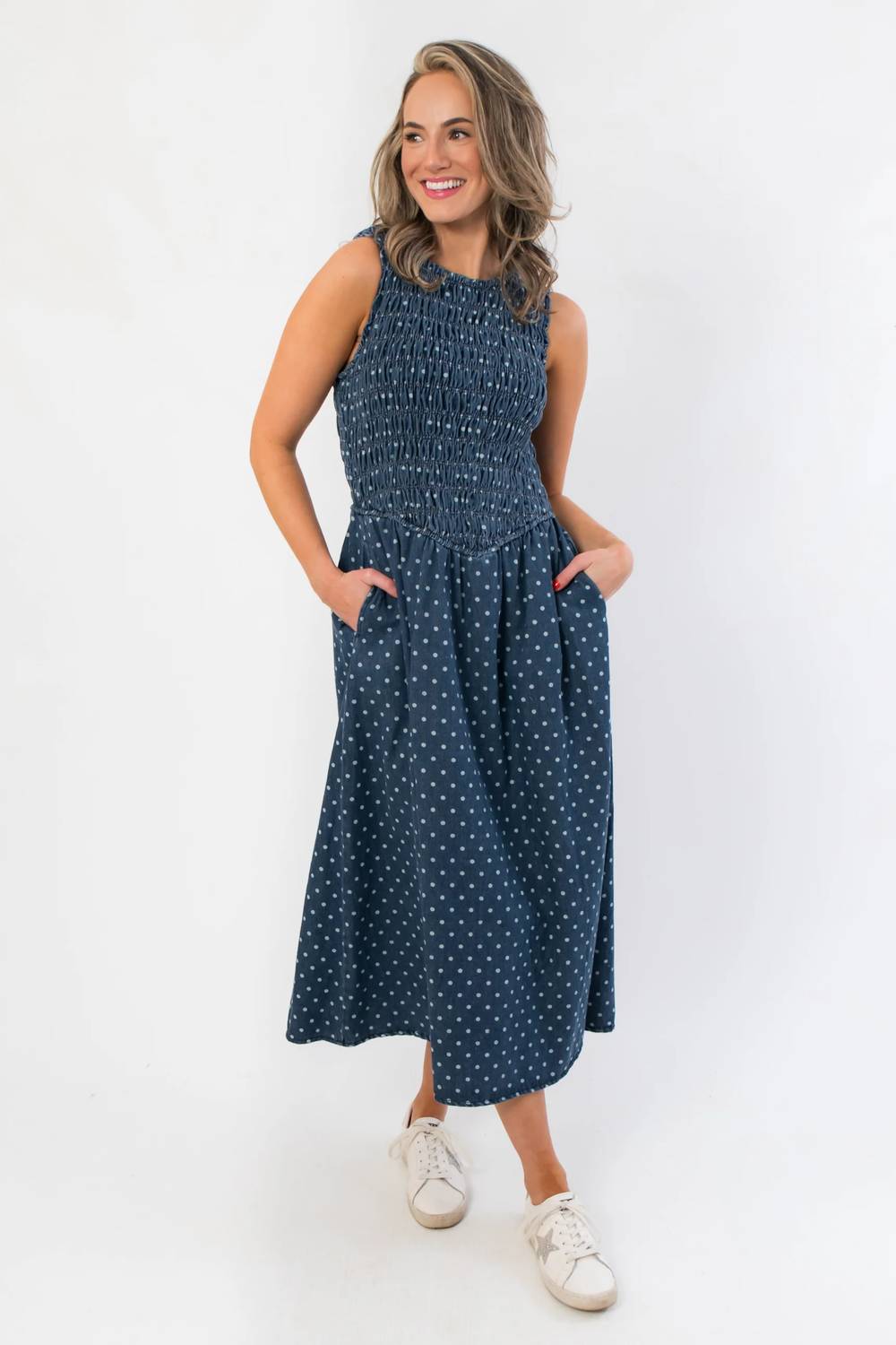 Sunday Edition - Southern Roots Denim Polka Dot Midi Dress