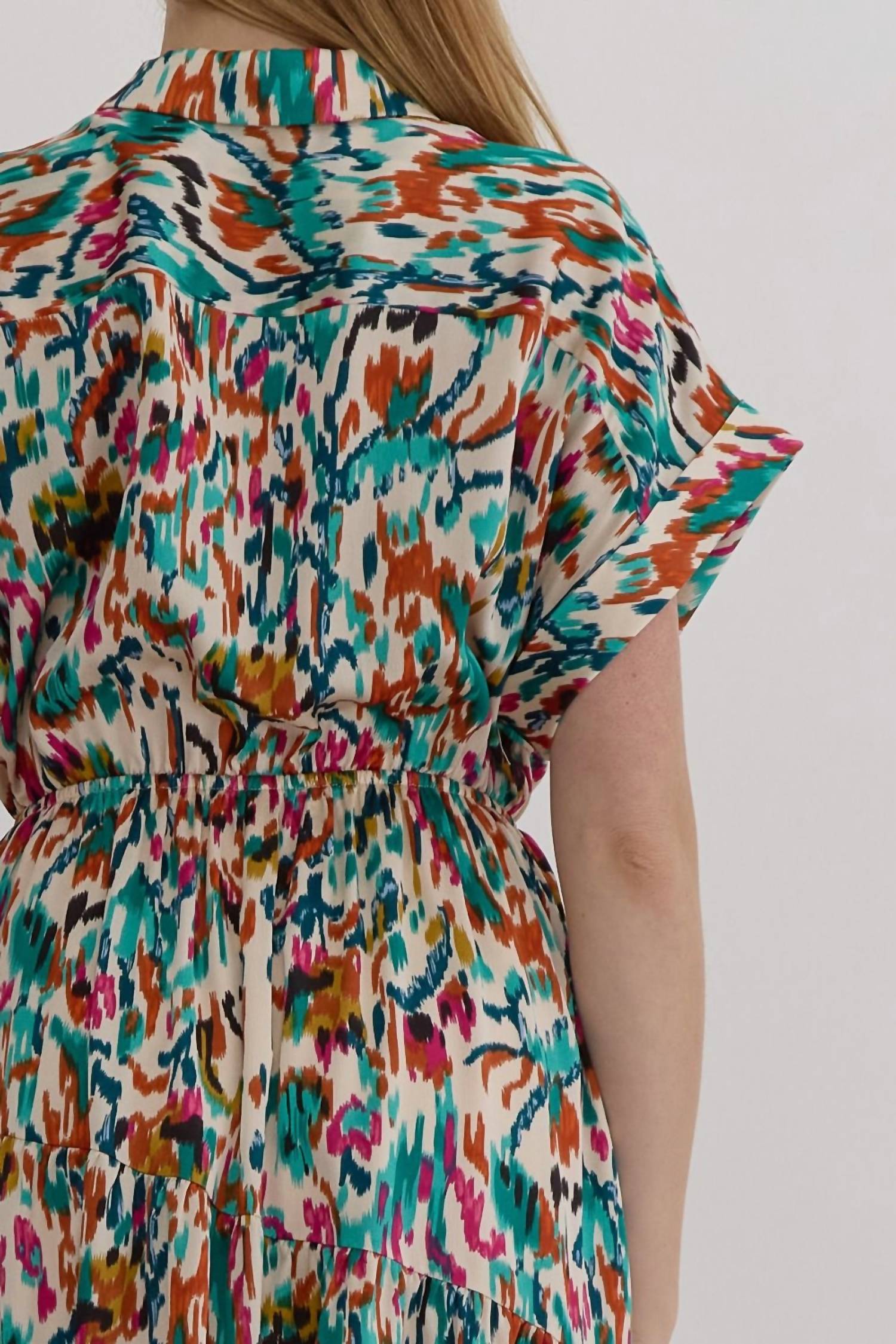 Entro - Satin V-neck Collared Midi Dress
