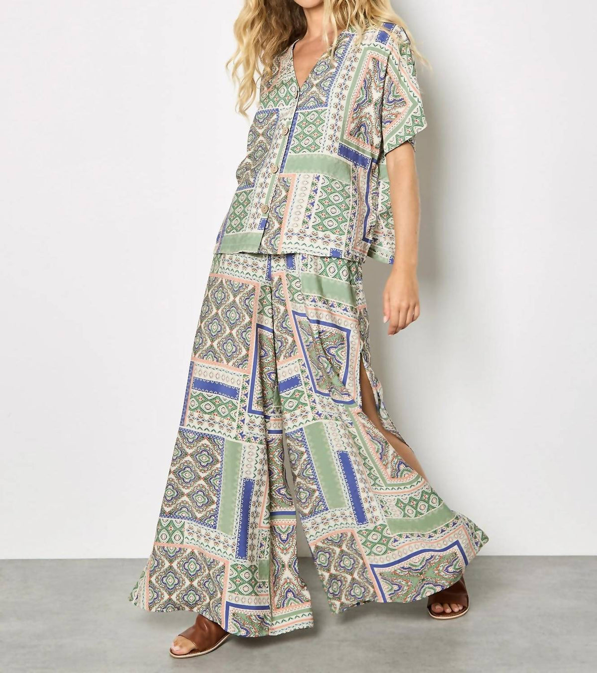 Apricot - Folk Patchwork Wide Leg Trousers