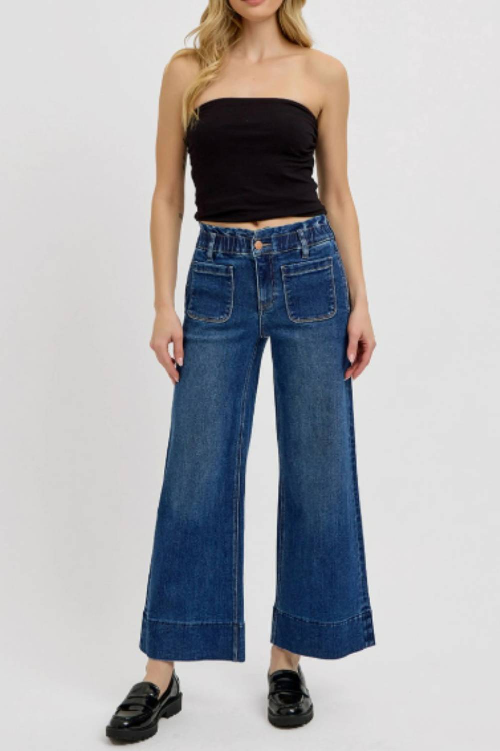 Risen - Elastic Band Crop Wide Ruffle Band Jeans