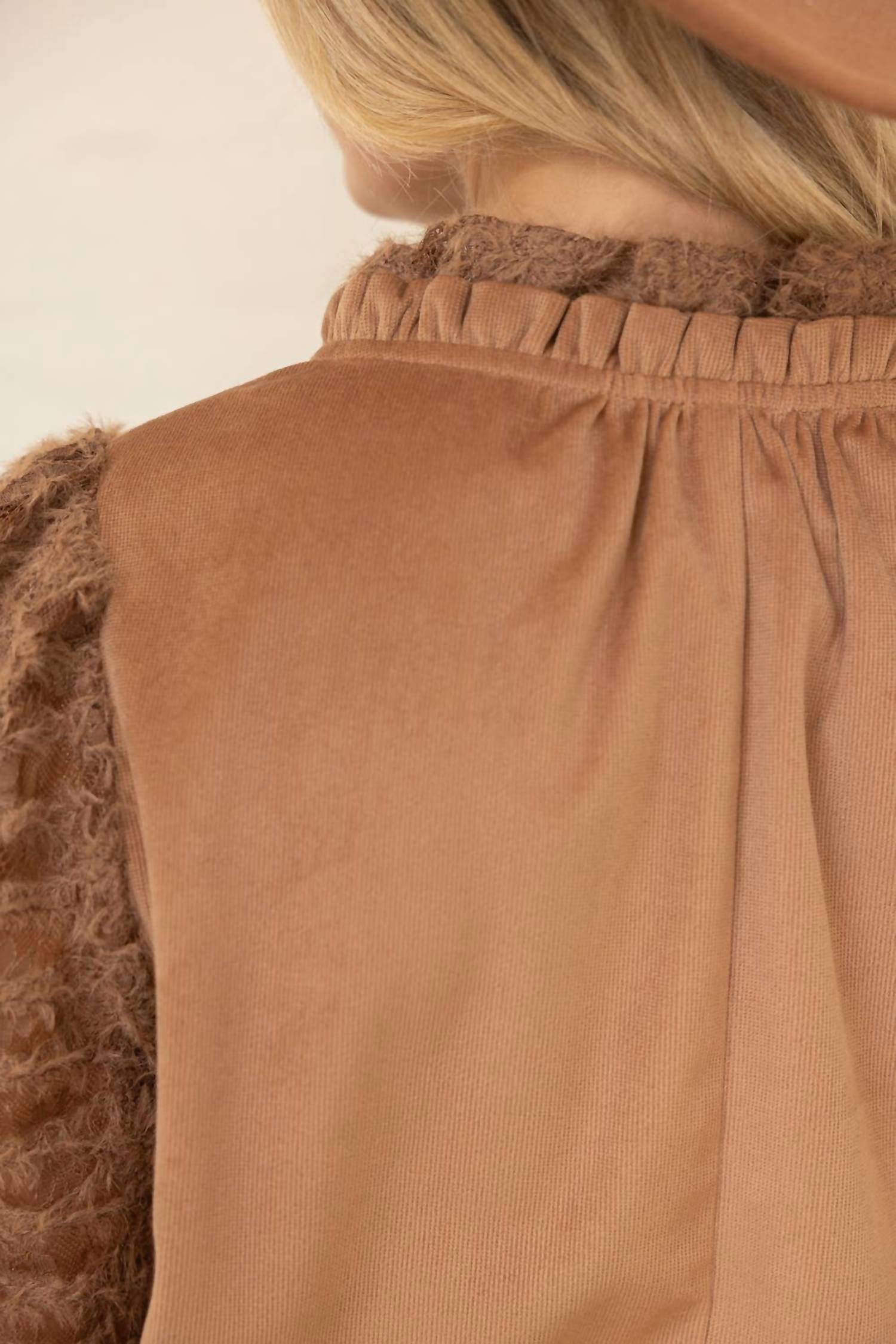 Voy - Fuzzy Lace Long Sleeve Ruffle Detailed Corduroy Top