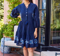 Karen Kane - Blouson Sleeve Embroidered Lace Trim Tiered Dress