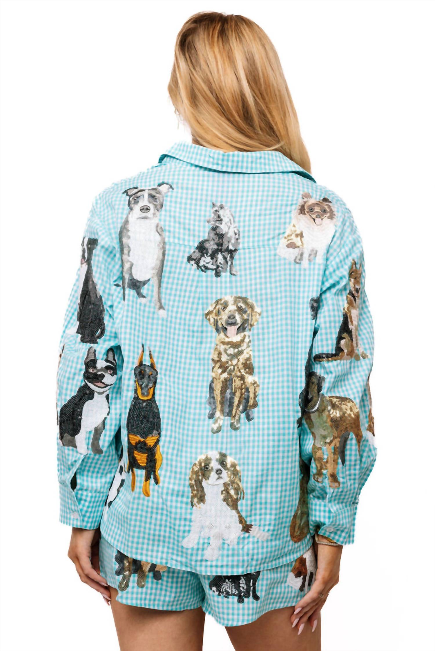 QUEEN OF SPARKLES Gingham Queen Of Dogs Button Up Long Sleeve Top in aqua - women's shirt - alternate view