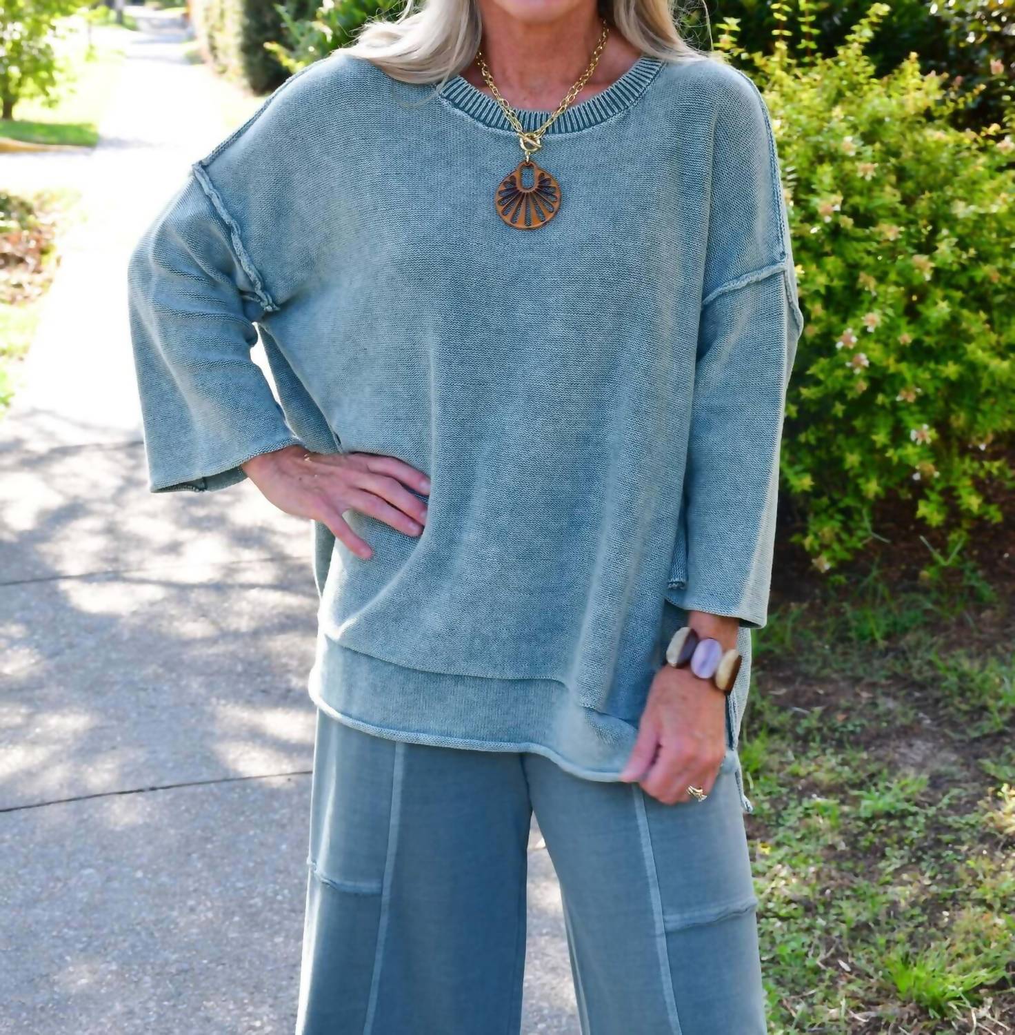 Zenana - Mineral Washed 3/4 Sleeve Boxy Sweater