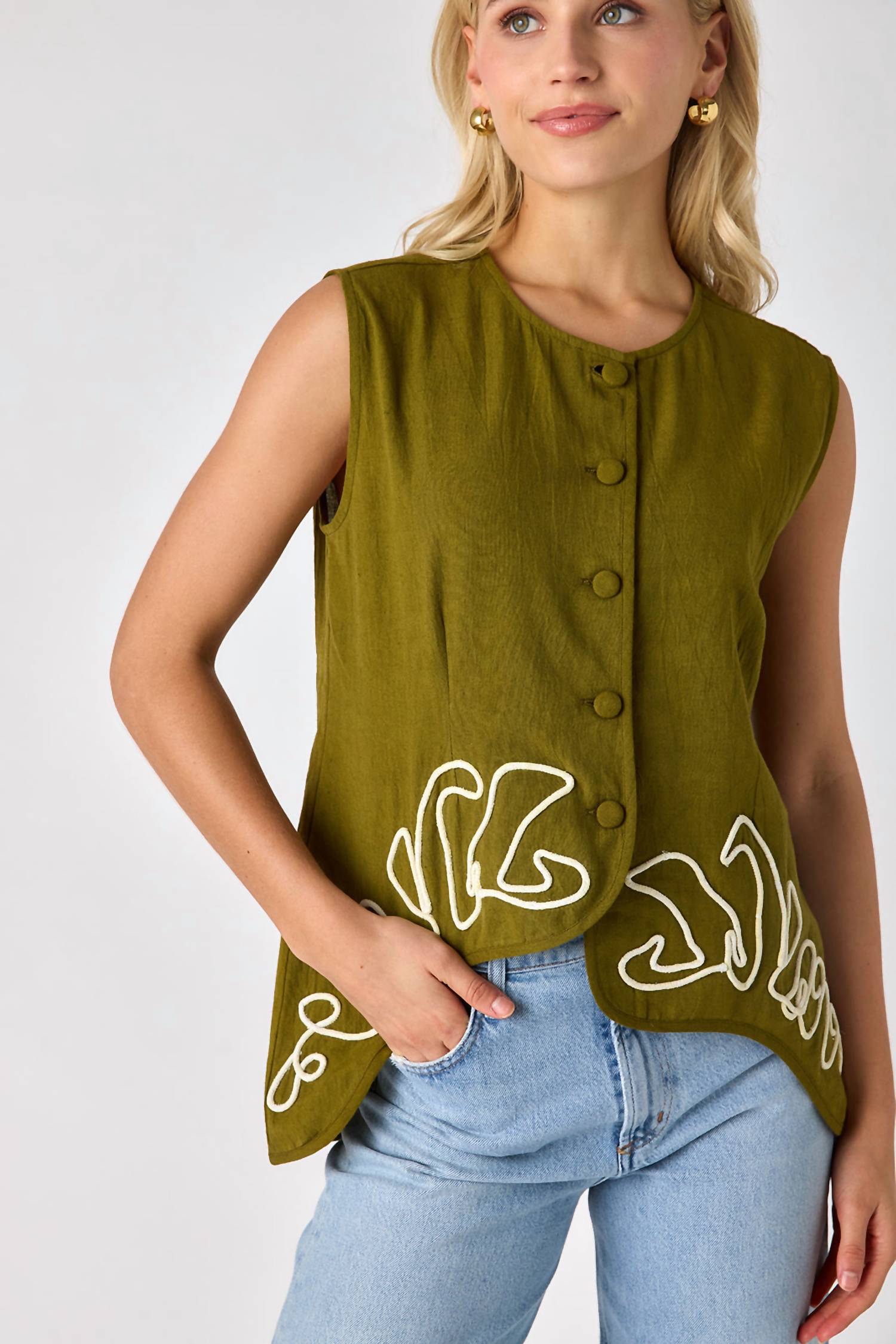 Crosby by Mollie Burch Axel Button Down Vest in cardon with embroidery - women's jacket - alternate view