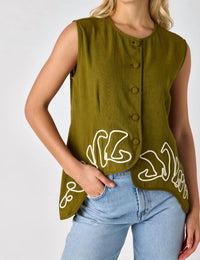 Crosby by Mollie Burch Axel Button Down Vest in cardon with embroidery - women's jacket - detail view