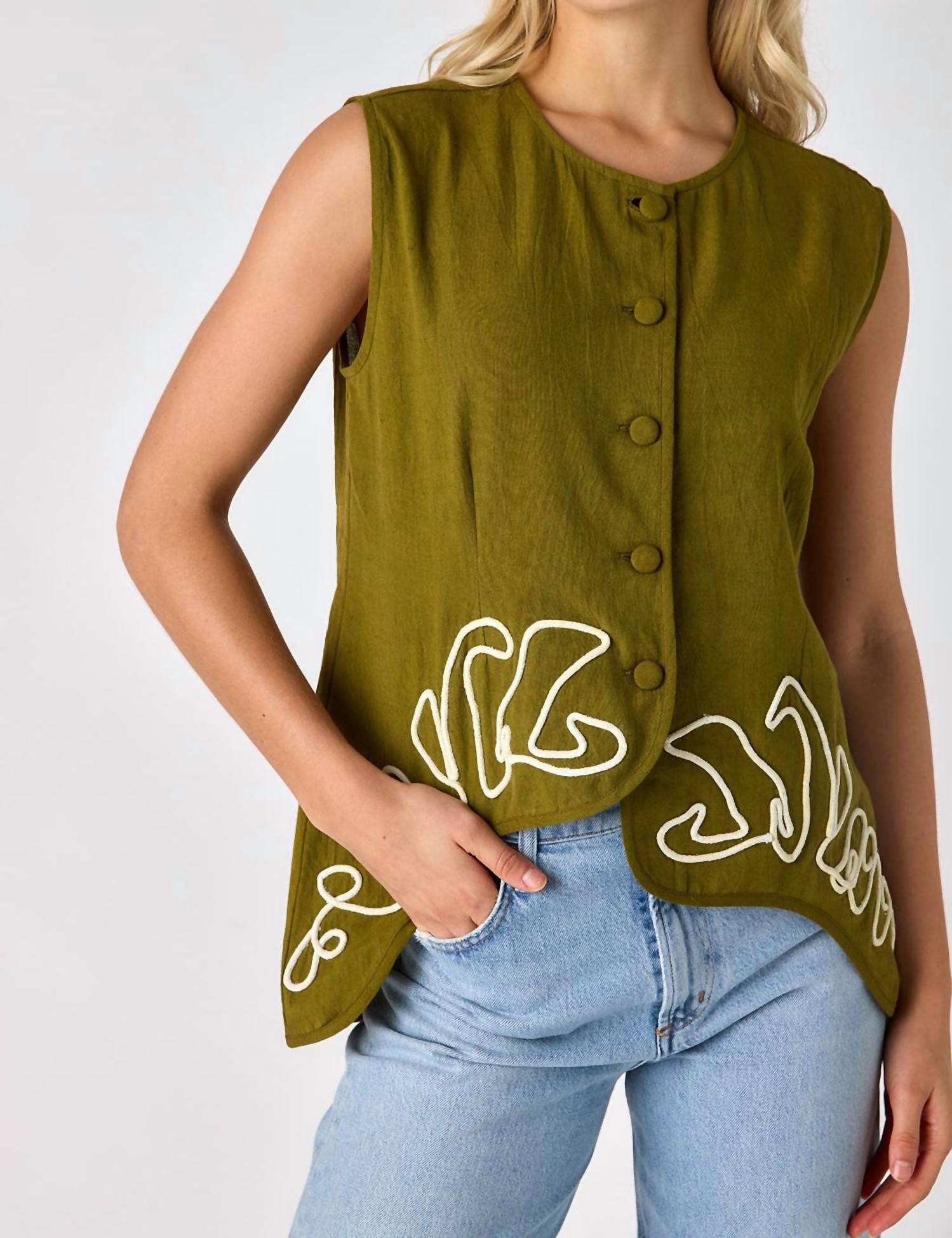 Crosby by Mollie Burch Axel Button Down Vest in cardon with embroidery - women's jacket - detail view