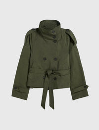 Hiddenbrand - Stand-collar Buttoned Belted Short Trench Coat