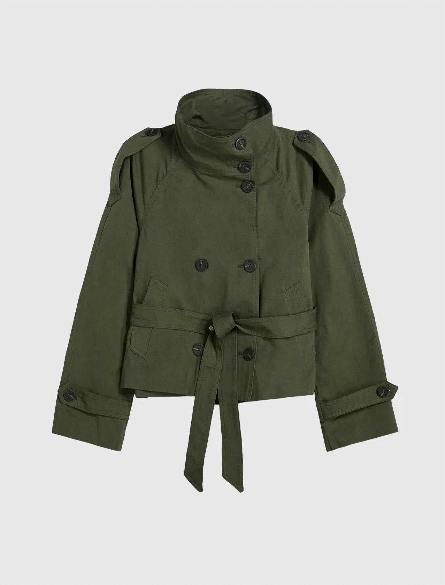 Hiddenbrand - Stand-collar Buttoned Belted Short Trench Coat