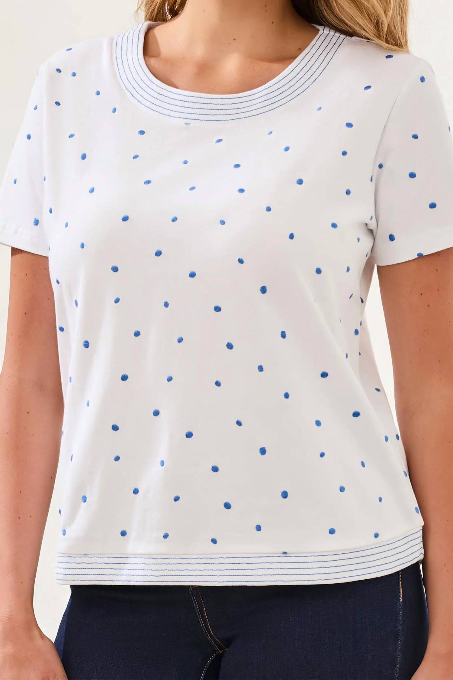Tribal - Embroidered Polka Dot Quarter Sleeve Knit Top