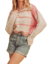 AEMI + CO Mona Knit Stripe Pullover Sweater in white pink - women's sweater - detail view