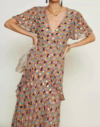 RIXO Women's Evie Dress in klimt stamp foil dahlia - women's dress - detail view