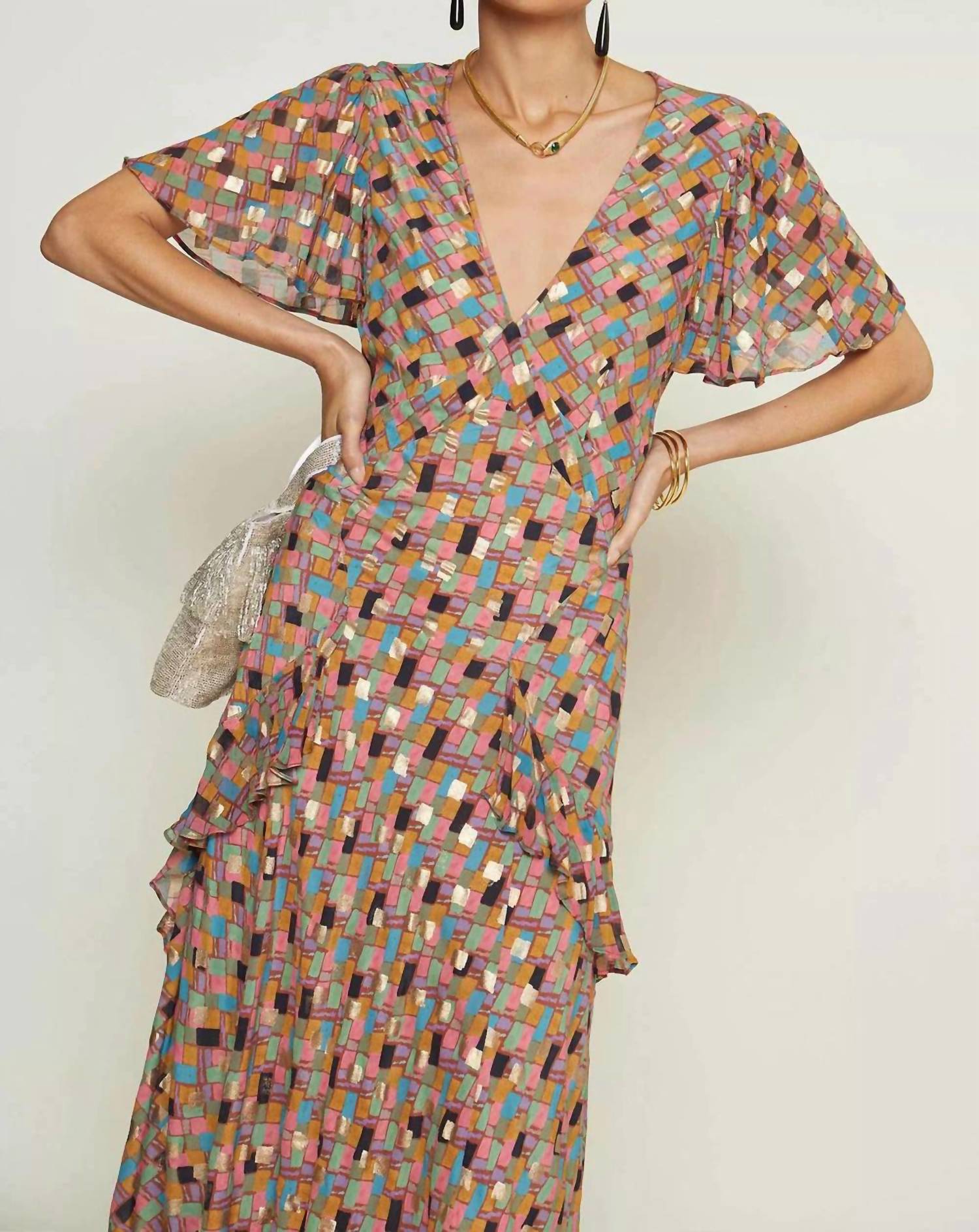 RIXO Women's Evie Dress in klimt stamp foil dahlia - women's dress - detail view