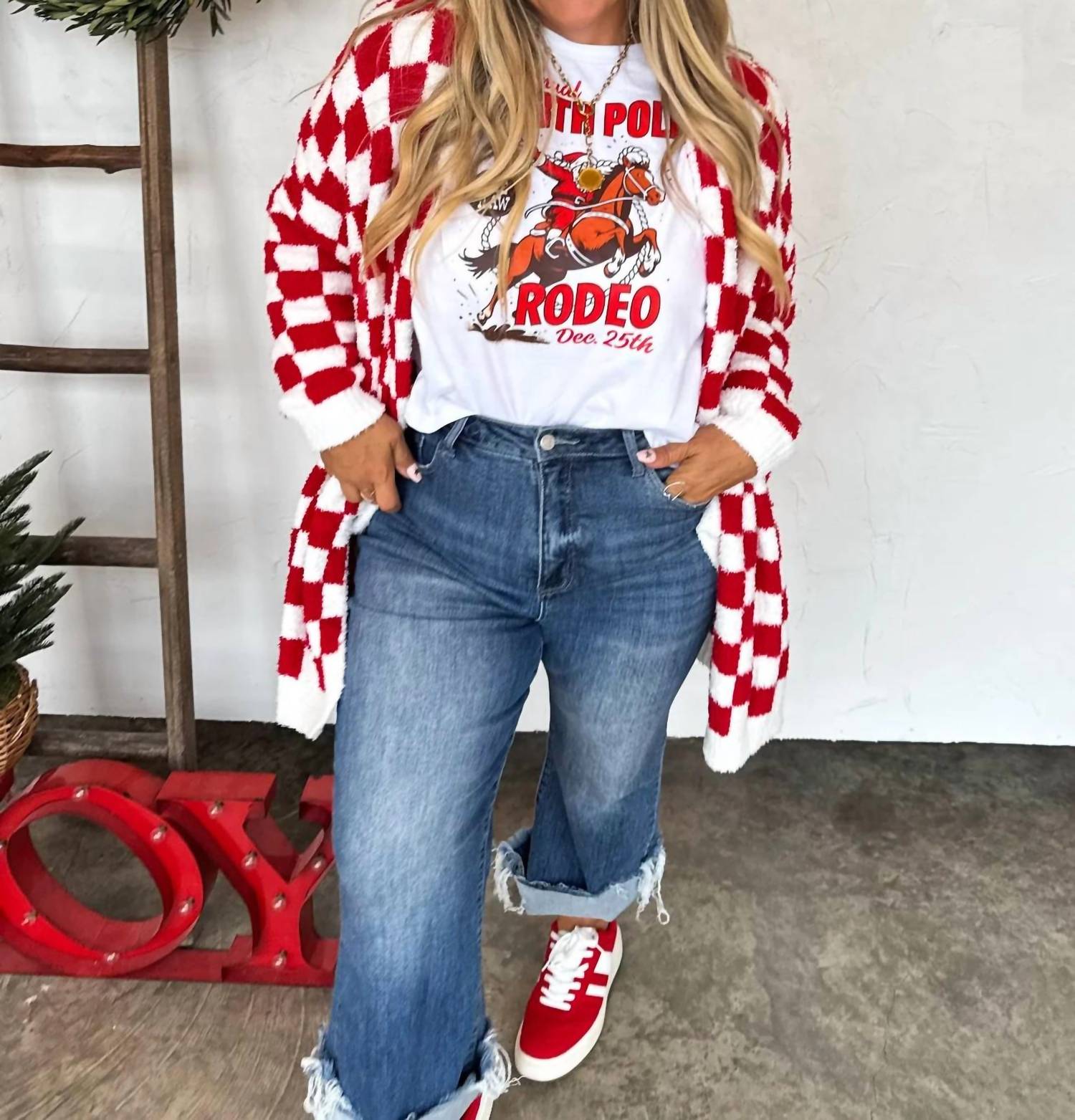 BLAKELEY Christmas Cloud Cardigan in red checker - women's cardigan - alternate view