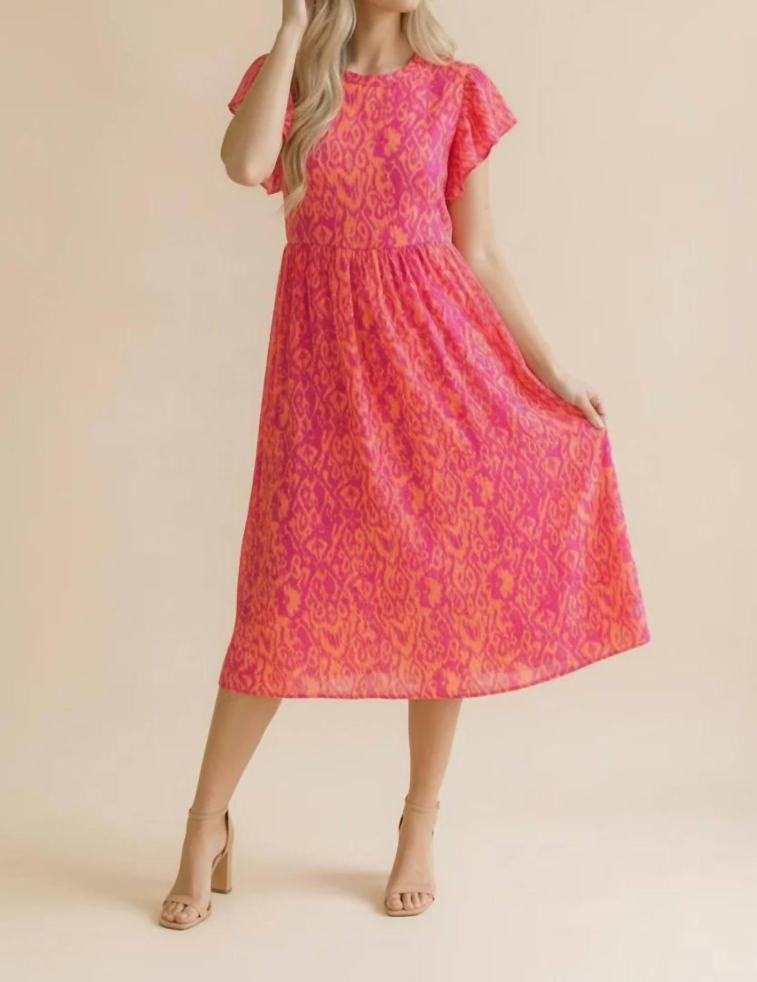 Haptics - Round Neck Ruffle Sleeve Ikat Babydoll Dress