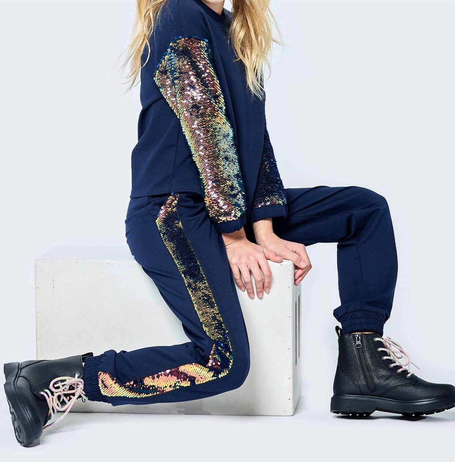 Hannah Banana Kid's Flip Sequin Side Jogger Pant in navy - kids' joggers