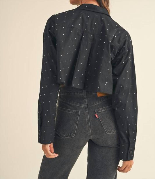 Mable - Rhinestone Cropped Button Down Shirt