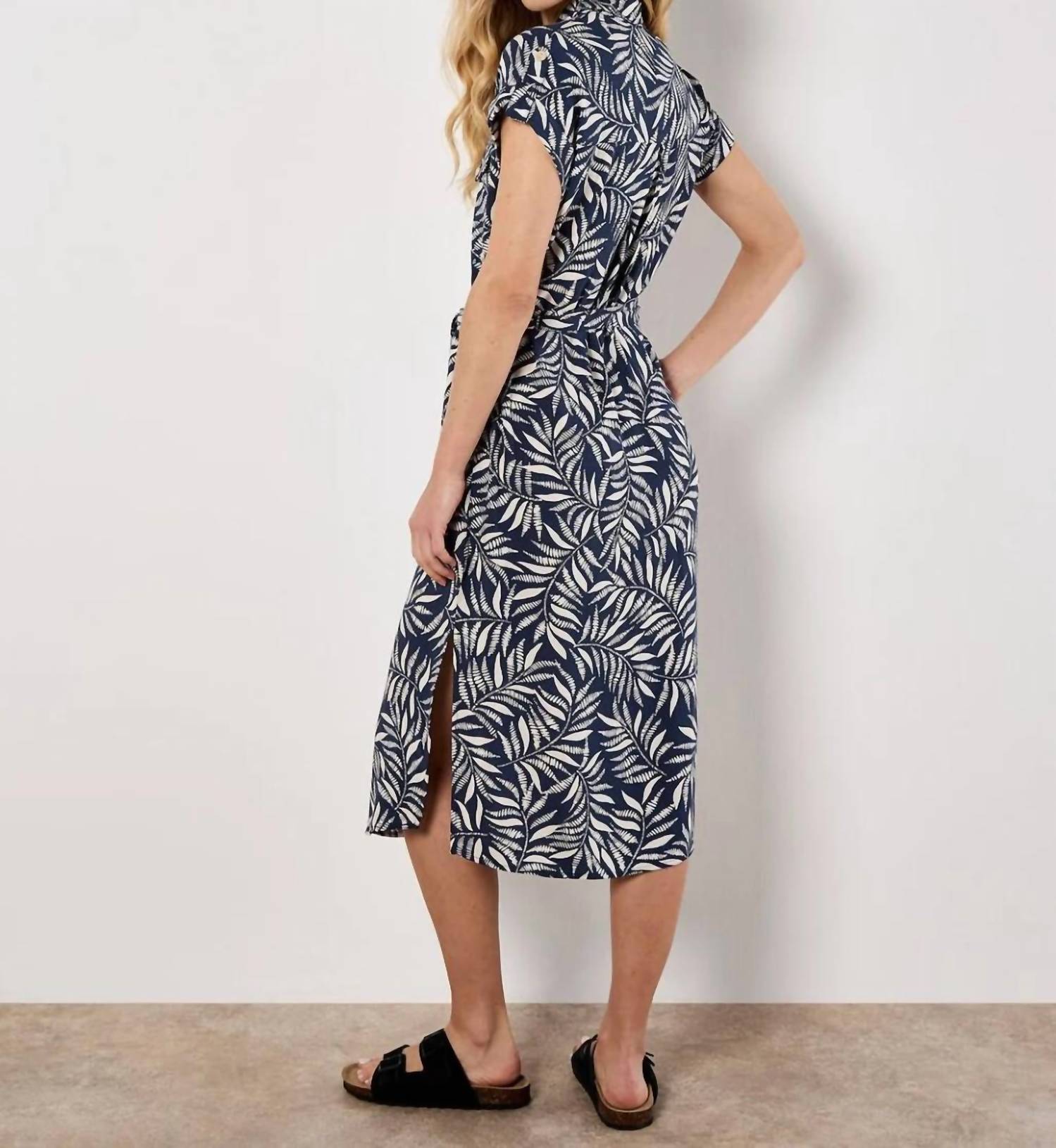 Apricot - Belted Leaf Print Midi Dress