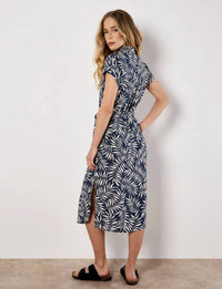 Apricot - Belted Leaf Print Midi Dress