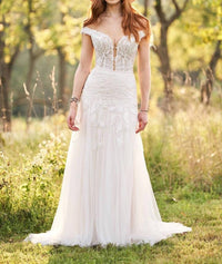 Lillian West Beaded Off The Shoulder English Net Trumpet Bridal Dress in ivory - women's dress