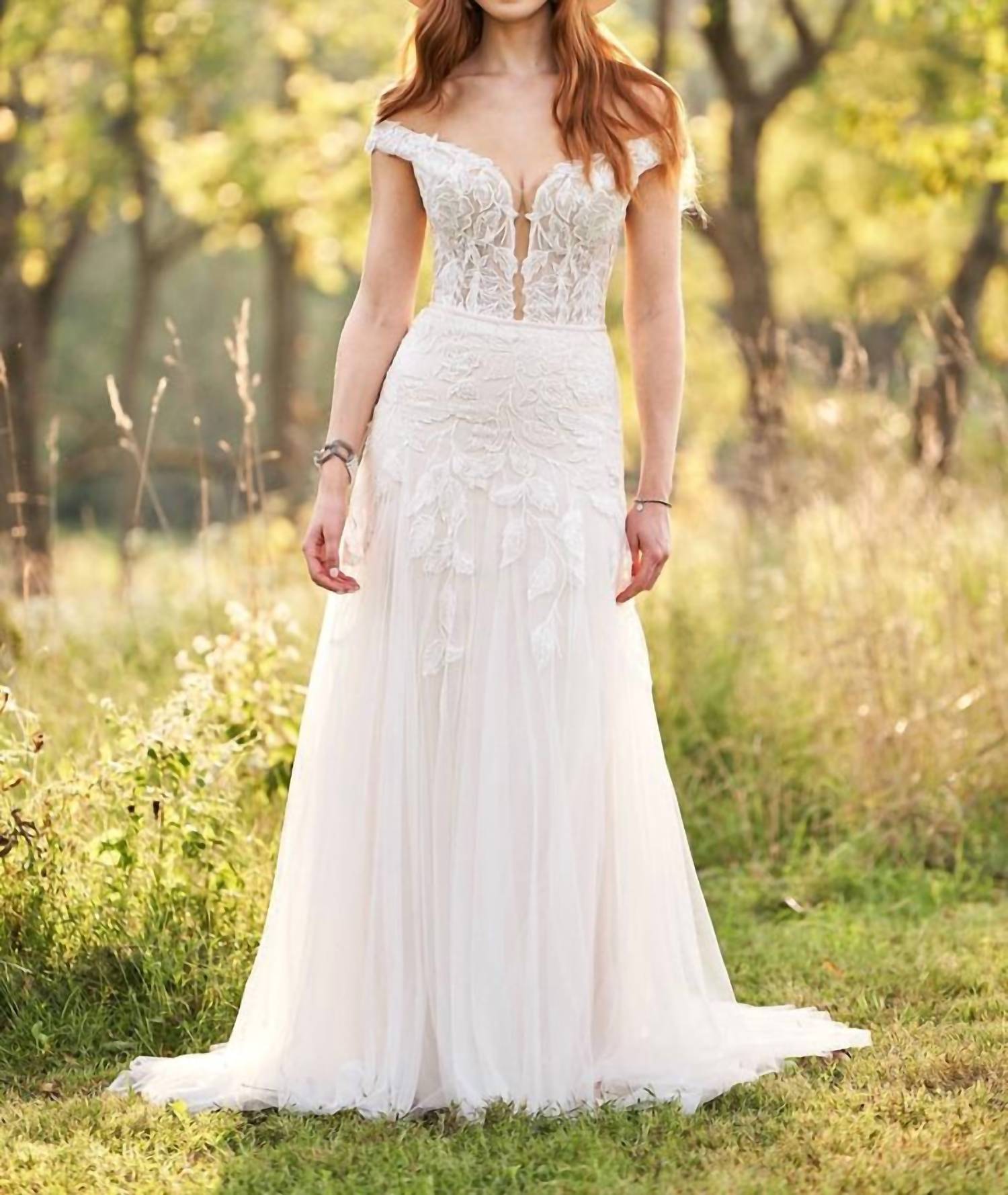 Lillian West Beaded Off The Shoulder English Net Trumpet Bridal Dress in ivory - women's dress