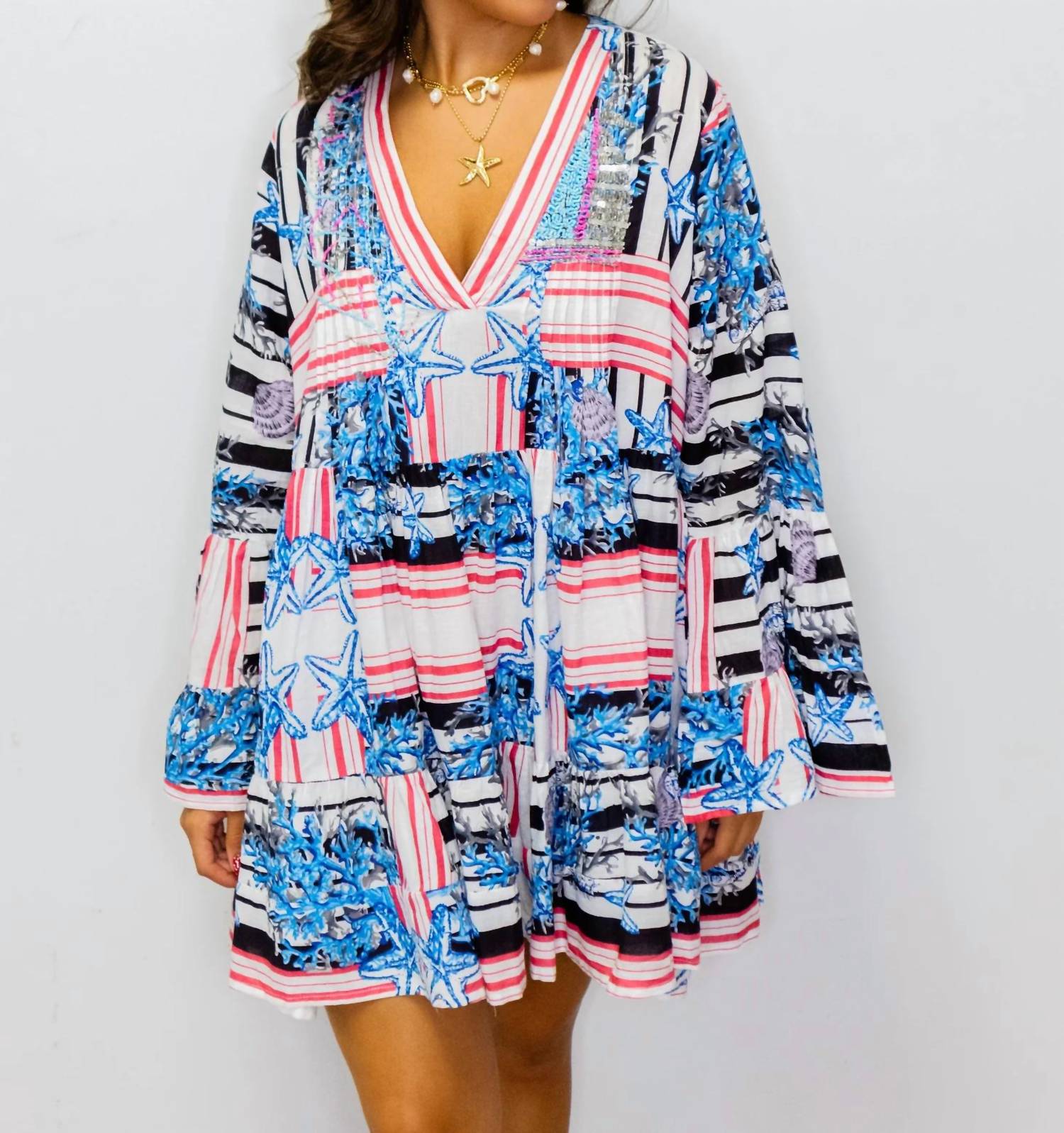 Pol - Beaded V-neck Mini Dress