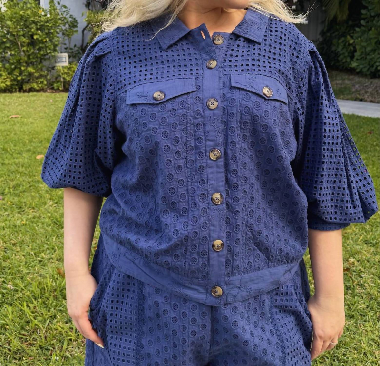 EMILY LOVELOCK Women's Judy Broderie Anglaise Top in dark blue - women's shirt