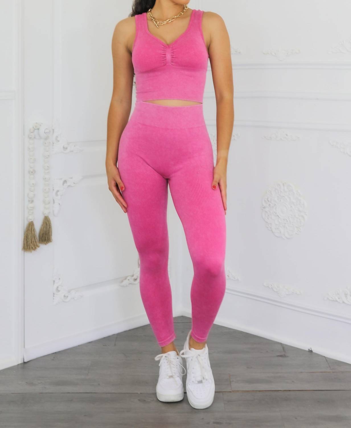 Surelymine - Wash Soft Ribbed Texture Scrunch Butt Pant Set